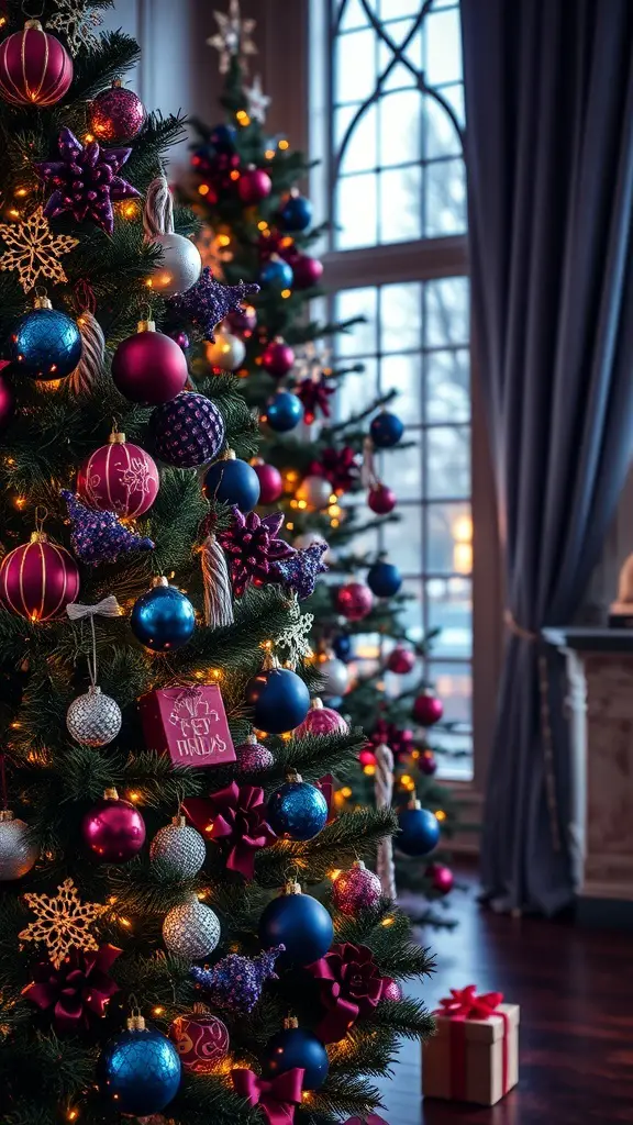 Christmas trees decorated with rich jewel tone ornaments and twinkling lights