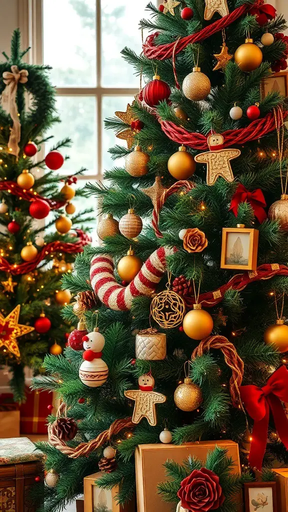 A beautifully decorated Yule Christmas tree with golden and red ornaments, gingerbread men, and snowmen.