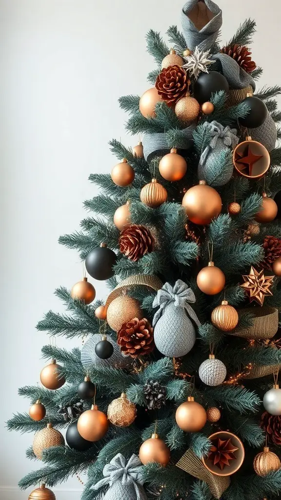Christmas tree decorated with copper and charcoal gray ornaments