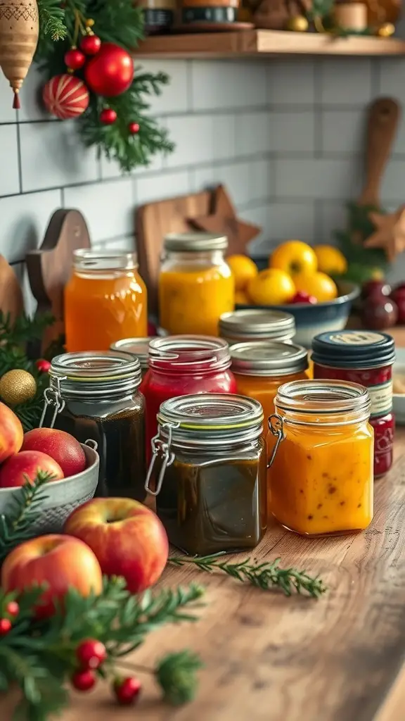 Colorful jars of homemade jams and preserves on a wooden table with apples and festive decorations.
