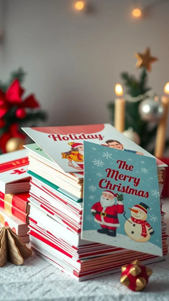 A stack of colorful Christmas cards featuring Santa, snowmen, and holiday greetings, with festive decorations in the background.