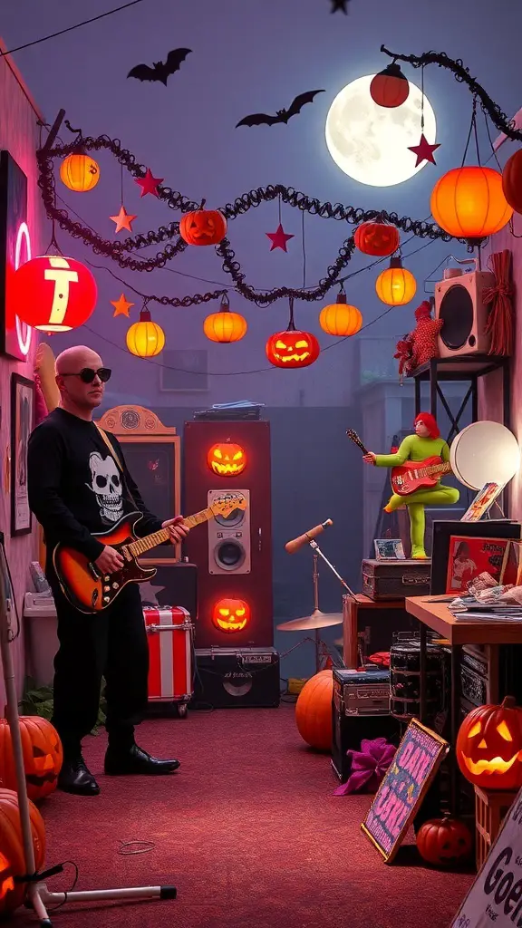 A vibrant Halloween scene with pumpkins, bats, and a musician in a retro setting.