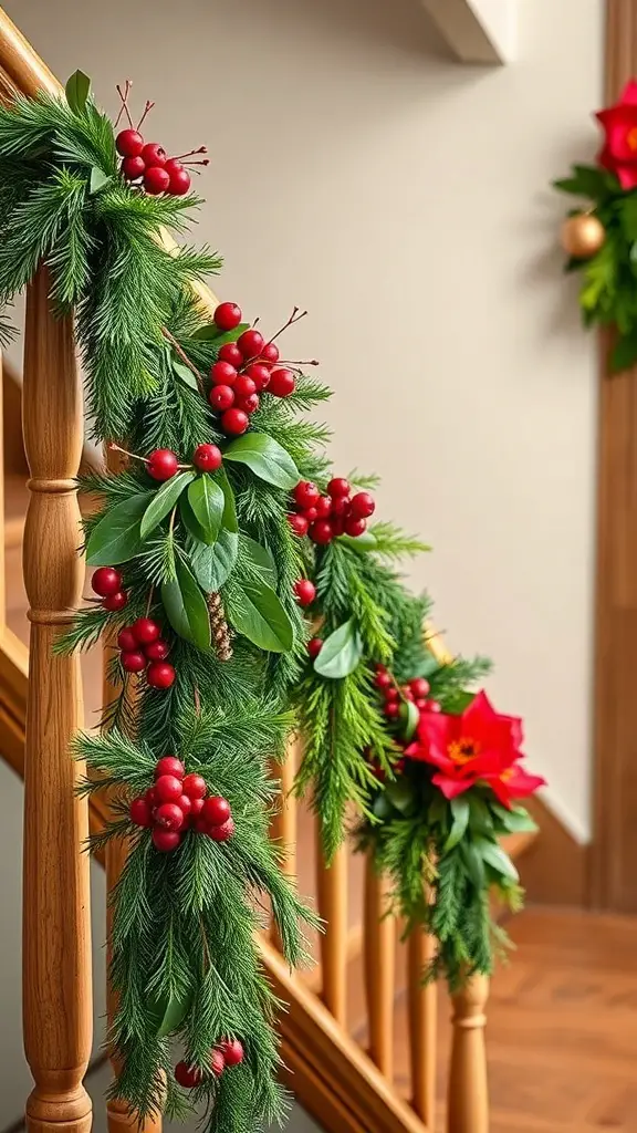 A festive holiday garland with greenery, red berries, and a flower, draped over a wooden railing.