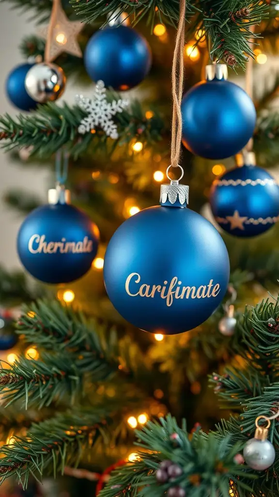 Close-up of navy blue Christmas ornaments with personalized names hanging on a decorated tree.