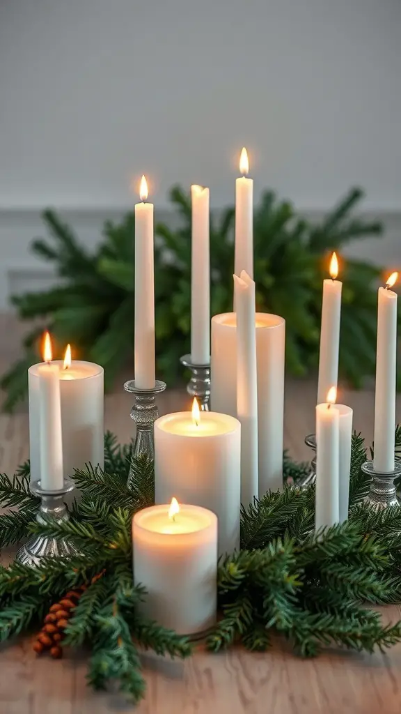 A display of white candles of varying heights surrounded by evergreen branches and pine cones.