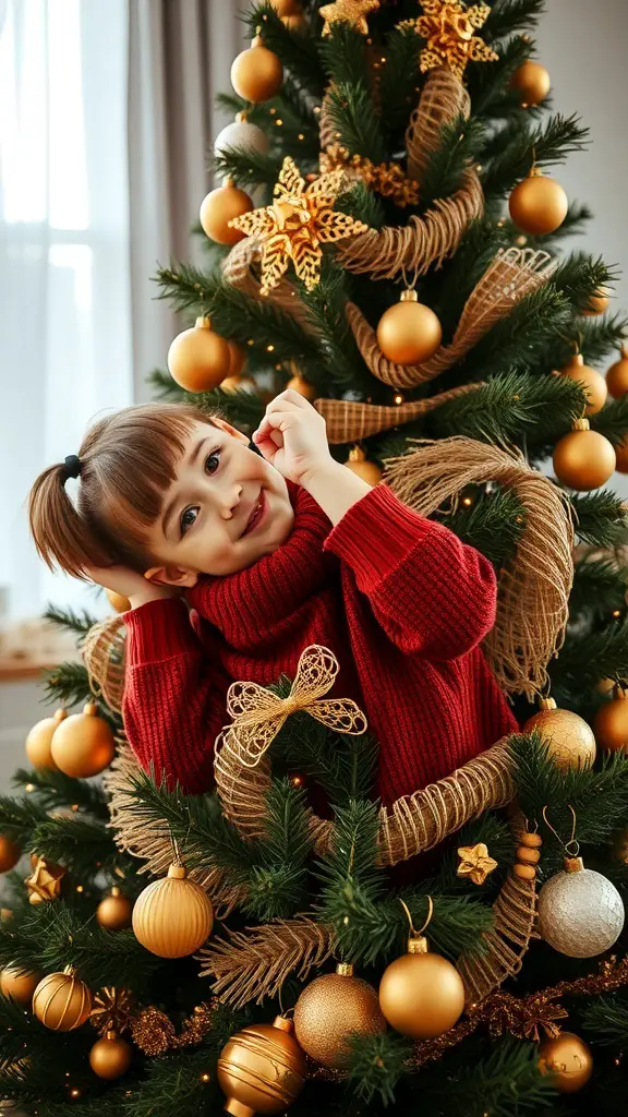 A child smiling while playfully peeking out from a gold and brown Christmas tree decorated with ornaments.