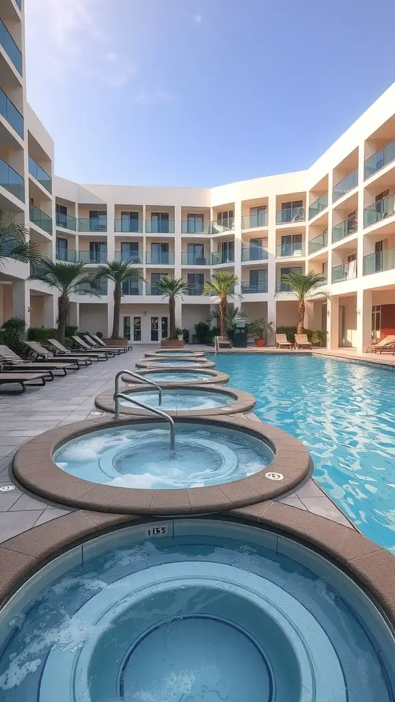 A series of jacuzzis beside a hotel pool, surrounded by palm trees and lounge chairs.