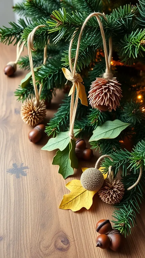 Nature-inspired Yule ornaments made from pine cones and leaves hanging on a Christmas tree.