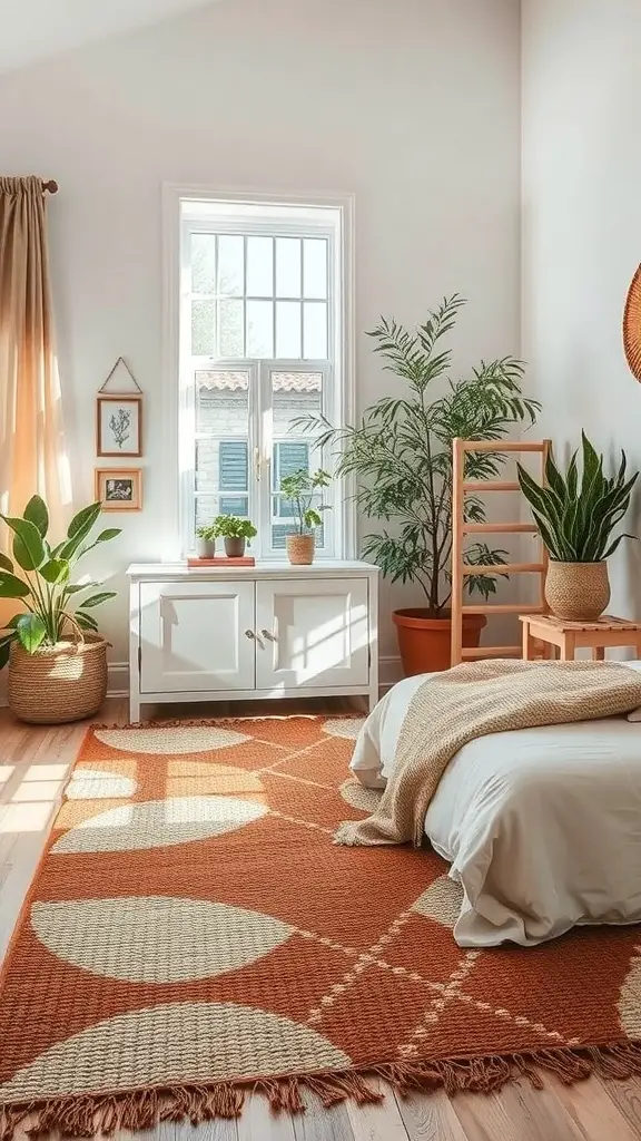 23+ Stunning Bedroom Rug Ideas to Transform Your Space 15 A cozy bedroom featuring an outdoor-inspired rug with earthy tones and playful patterns.