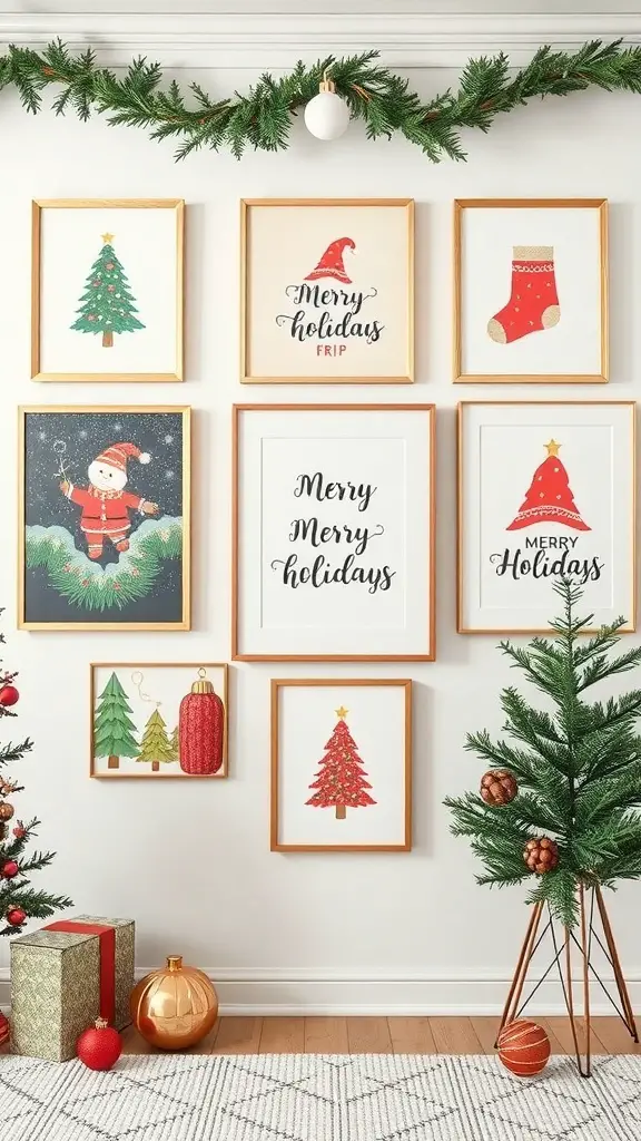 A collection of Christmas-themed wall art featuring Santa, Christmas trees, and holiday greetings in gold frames.