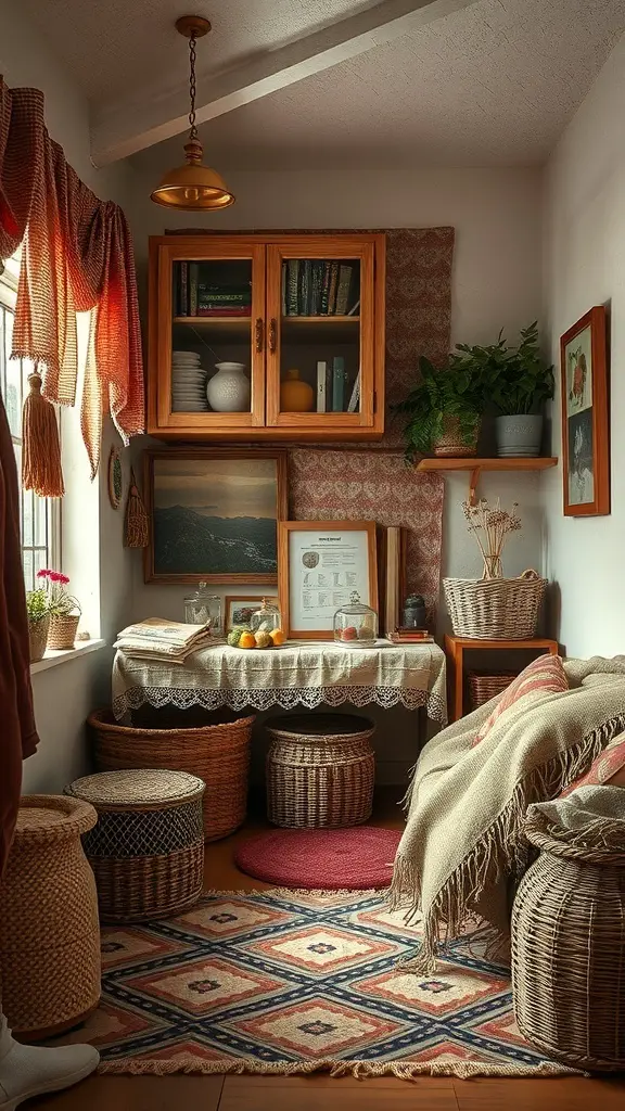 29+ Budget-Friendly Small Room Ideas to Maximize Space 14 Cozy small room with layered textures, including wooden furniture, woven baskets, patterned rug, and plants.