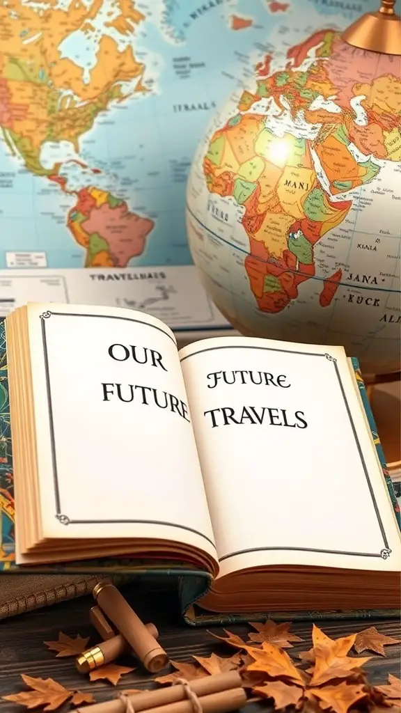 27 Thoughtful Engagement Gifts Your Friends Will Love 11 An open book titled 'Our Future Travels' with a globe and maps in the background, symbolizing travel planning.