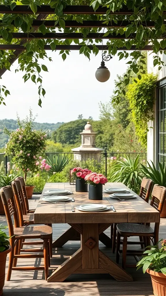 25+ Stunning Spanish Garden Hacienda Style Ideas to Transform Your Outdoor Space 13 Outdoor dining area with a wooden table, surrounded by greenery and flowers.