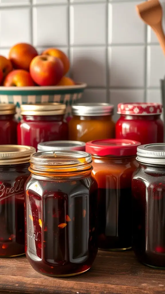 An assortment of homemade jams and preserves in jars with fresh apples in the background.