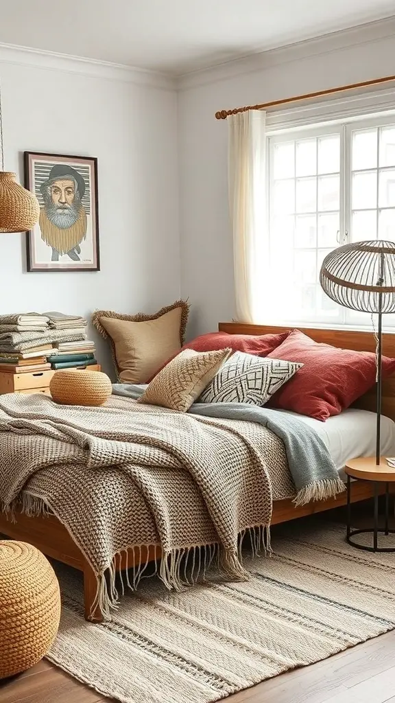 27+ Inspiring Spanish Mediterranean Bedroom Ideas for Your Home 5 A cozy Spanish Mediterranean bedroom featuring a bed with layered textured fabrics, pillows, and a woven rug.