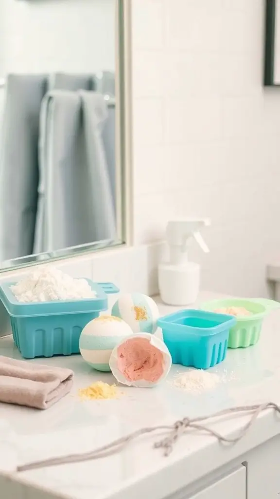 A countertop with DIY bath bomb ingredients and colorful bath bombs.
