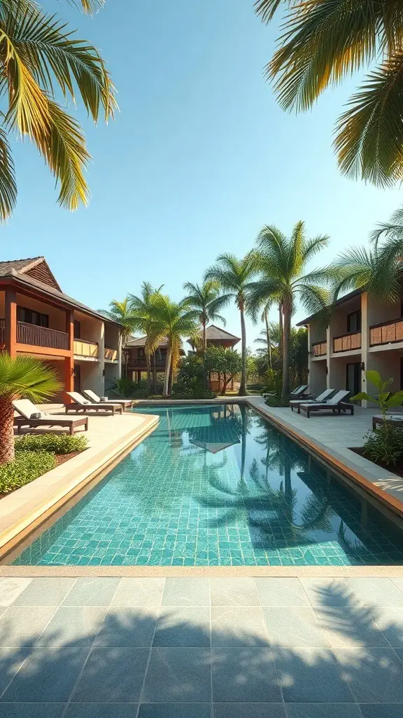 29+ Stunning Resort Pool Designs to Inspire Your Backyard Oasis 10 A resort pool surrounded by palm trees and elegant buildings, showcasing eco-friendly design.