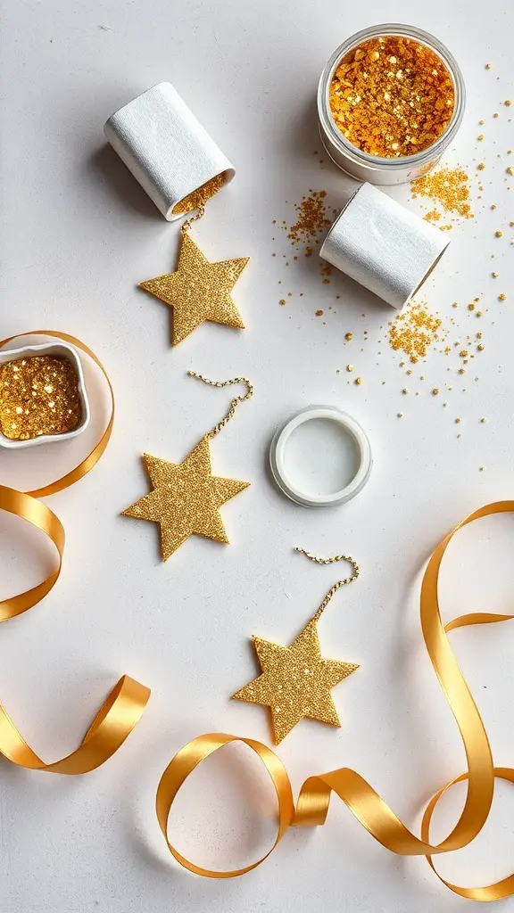 DIY golden star ornaments with glitter and ribbon