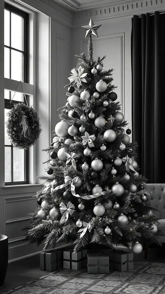 A sophisticated monochrome Christmas tree decorated with black, white, and silver ornaments, with gifts underneath.