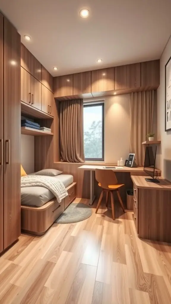 27+ Charming Small Master Room Ideas for Cozy Living 3 A small master room featuring multi-functional furniture with a bed, desk, and storage solutions.