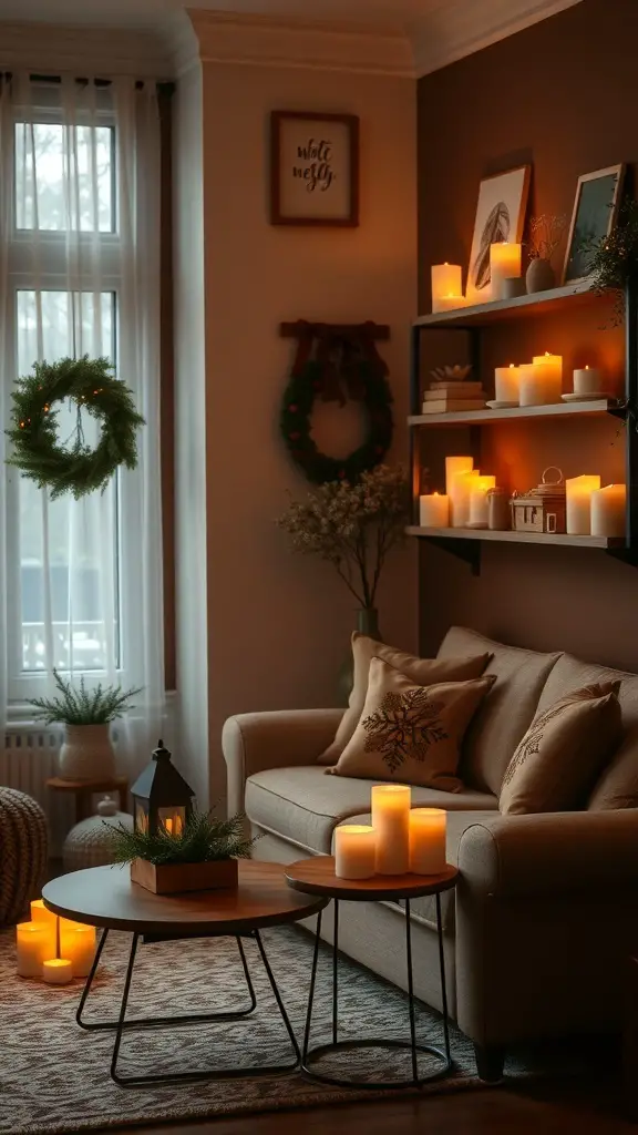A cozy small living room decorated with holiday scented candles, a wreath, and soft furnishings.