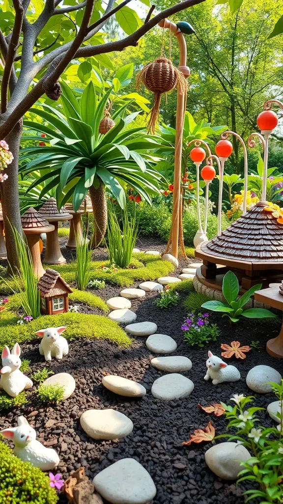 A whimsical woodland garden with stone pathways, colorful plants, and cute animal figurines.