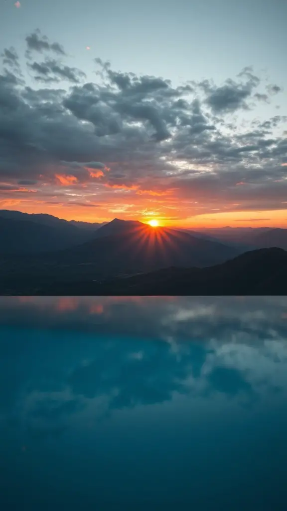 29+ Stunning Resort Pool Designs to Inspire Your Backyard Oasis 2 A scenic view of an infinity edge pool at sunset, reflecting the sky and mountains.