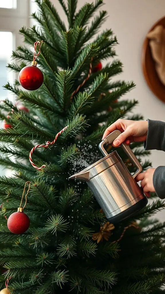 Person watering a decorated Christmas tree with red ornaments