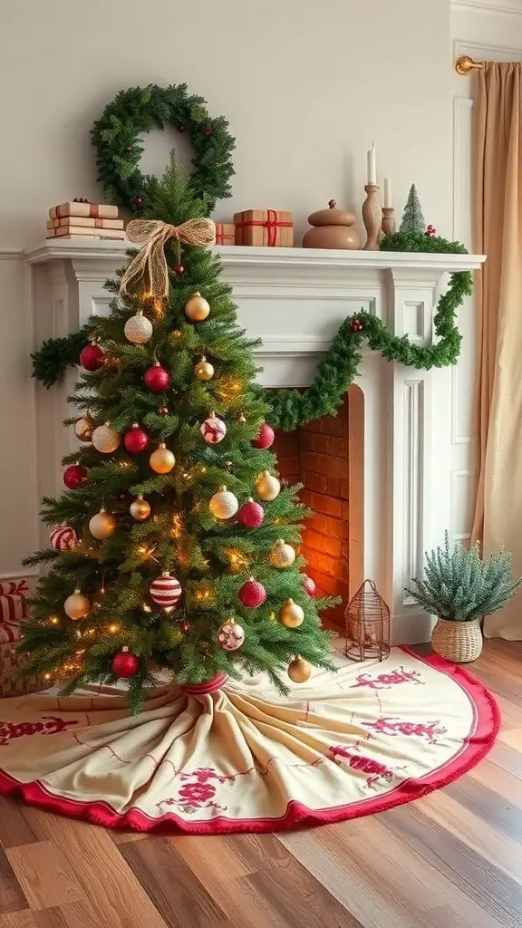 A decorated Christmas tree with a classic tree skirt, surrounded by festive decor.