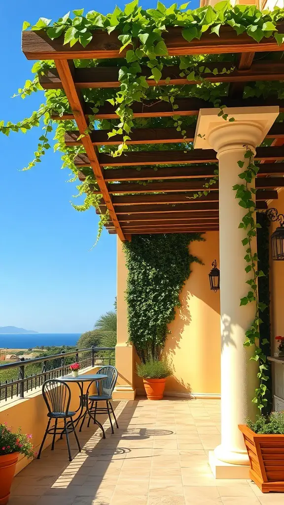25+ Stunning Mediterranean Terrace Ideas for Your Home 3 A Mediterranean terrace featuring a wooden pergola with green vines, a small table and chairs, and a view of the sea.