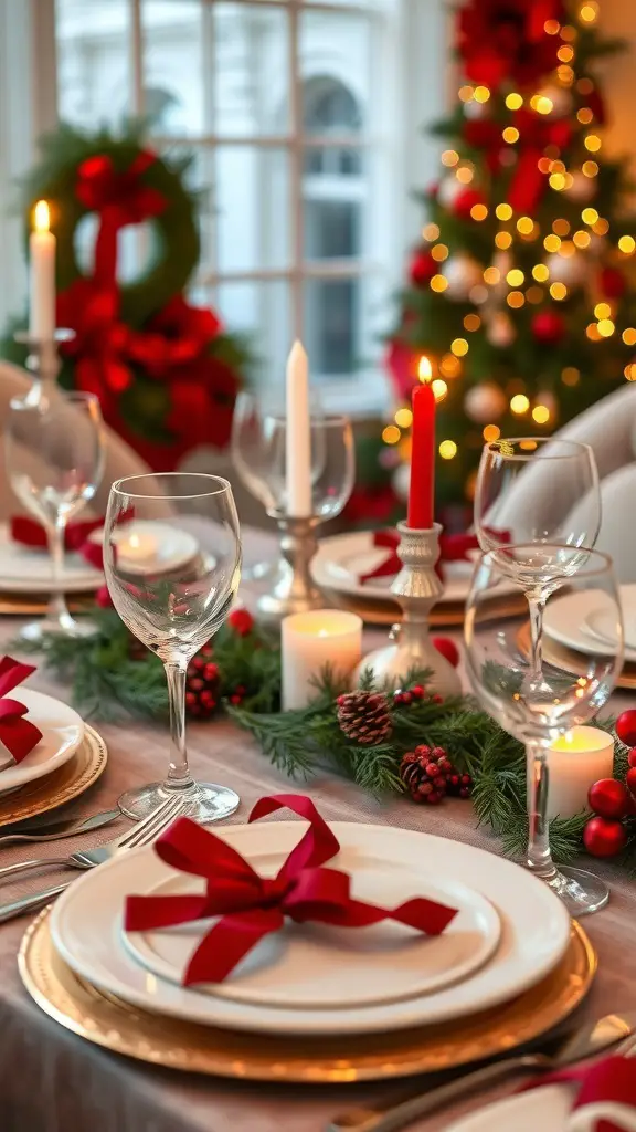 A beautifully decorated holiday table setting with red bows, candles, and a Christmas tree in the background.