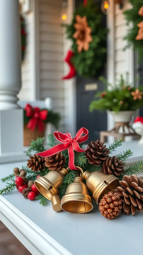 A festive porch decoration featuring golden bells, pinecones, and red accents.