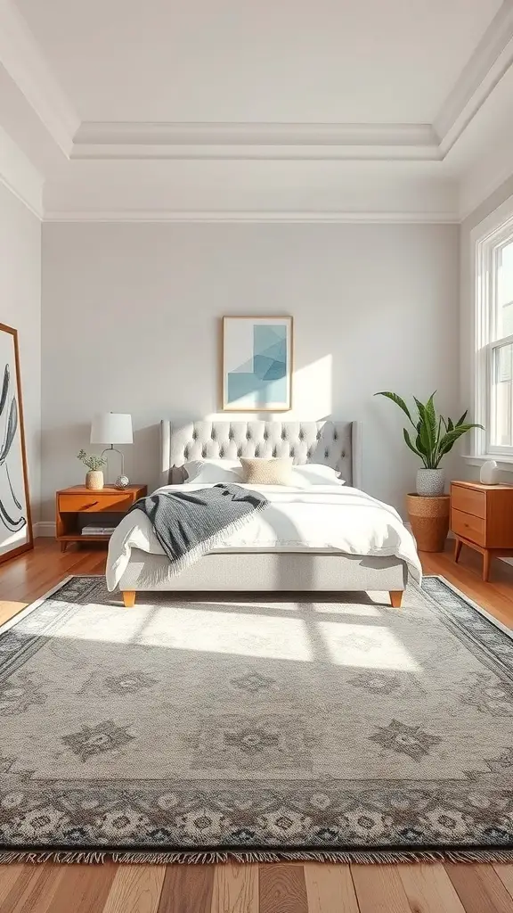 23+ Stunning Bedroom Rug Ideas to Transform Your Space 17 A cozy bedroom featuring a transitional rug with subtle patterns, a tufted bed, and wooden furniture.