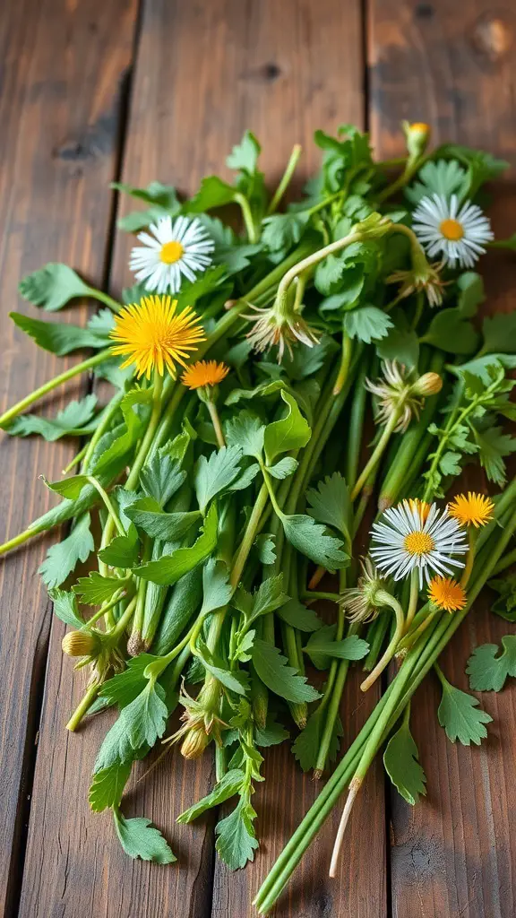 33+ Fascinating Wild Plants You Can Discover Today 9 A bunch of edible wild greens with dandelion and daisy flowers on a wooden surface.