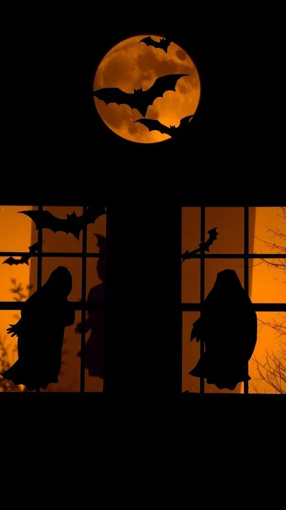 Silhouettes of ghosts and bats in windows with a full moon in the background