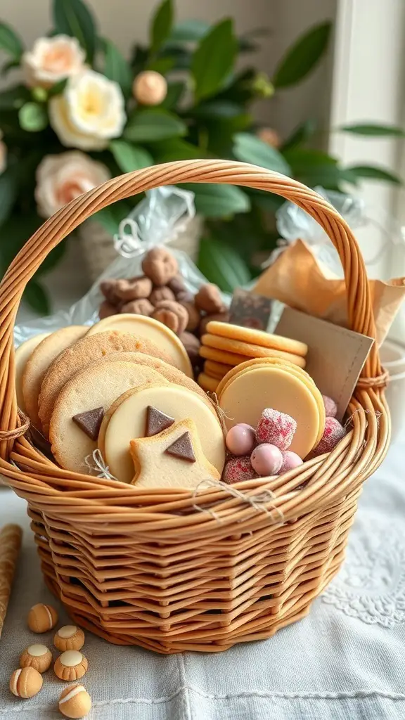 23+ Thoughtful Homemade Gift Ideas for Your Boyfriend 10 A woven basket filled with assorted homemade cookies and candies, surrounded by flowers.