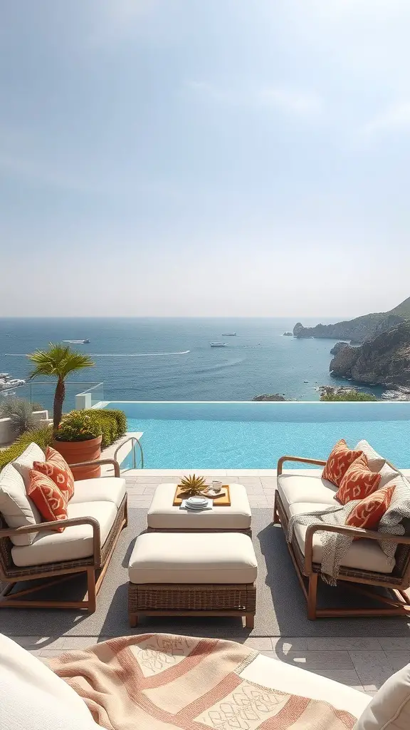 25+ Stunning Mediterranean Pool Designs to Enhance Your Outdoor Oasis 2 Cozy lounge area with sea views, featuring comfortable seating and an infinity pool.