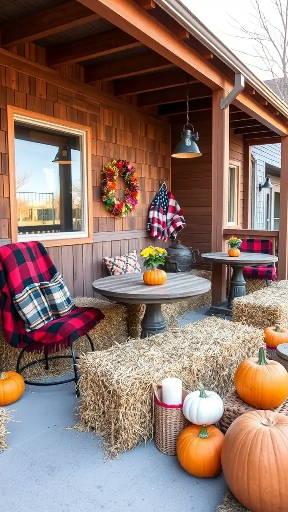 A rustic seating arrangement made of hay bales, decorated with pumpkins and blankets.