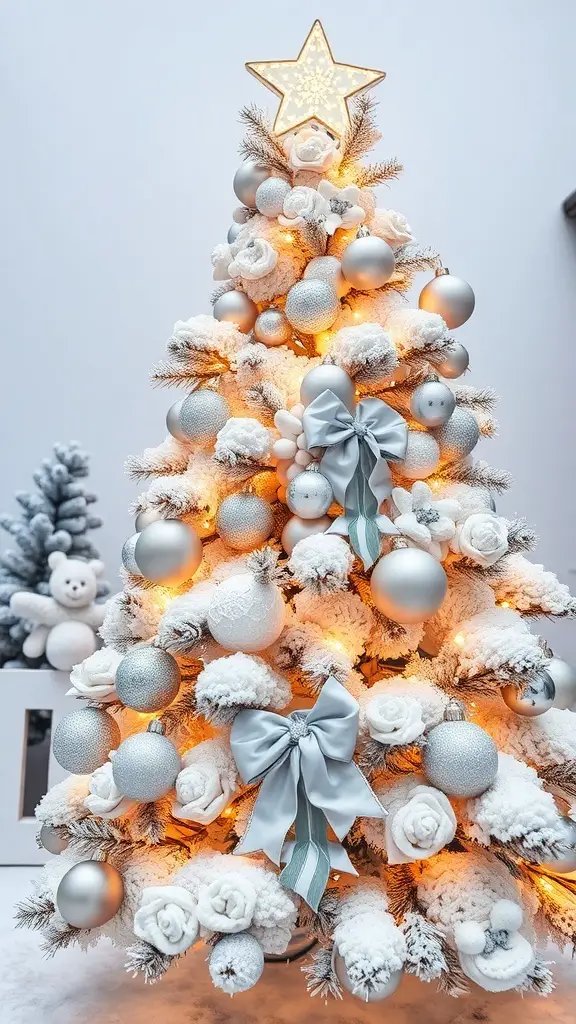 A beautifully decorated white Christmas tree with silver ornaments and warm lights.