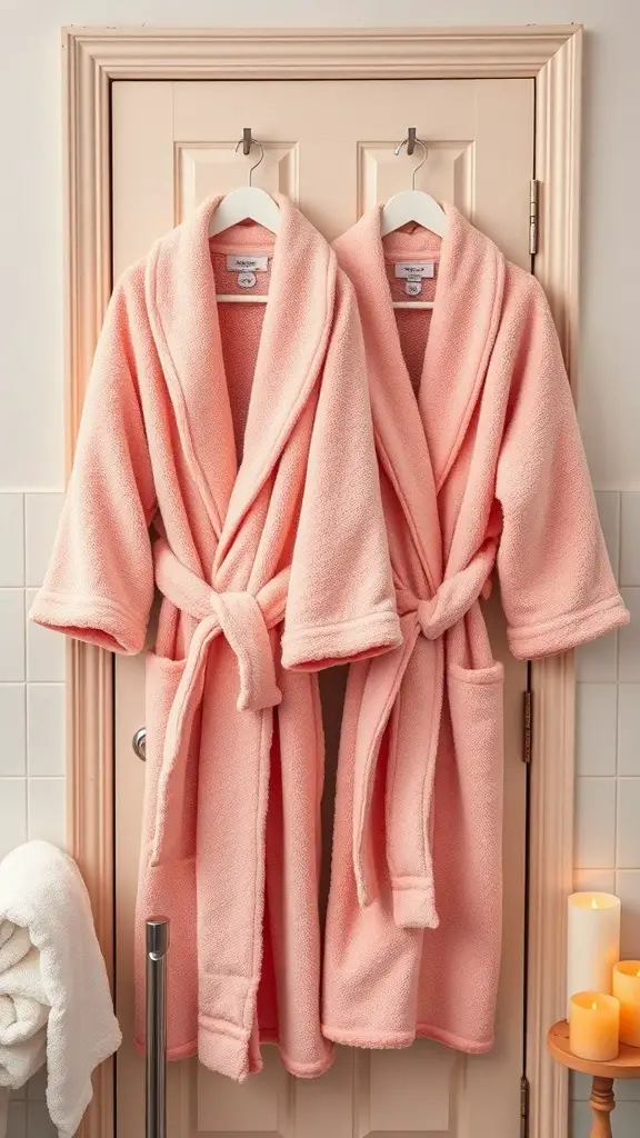 Two matching pink robes hanging on a door
