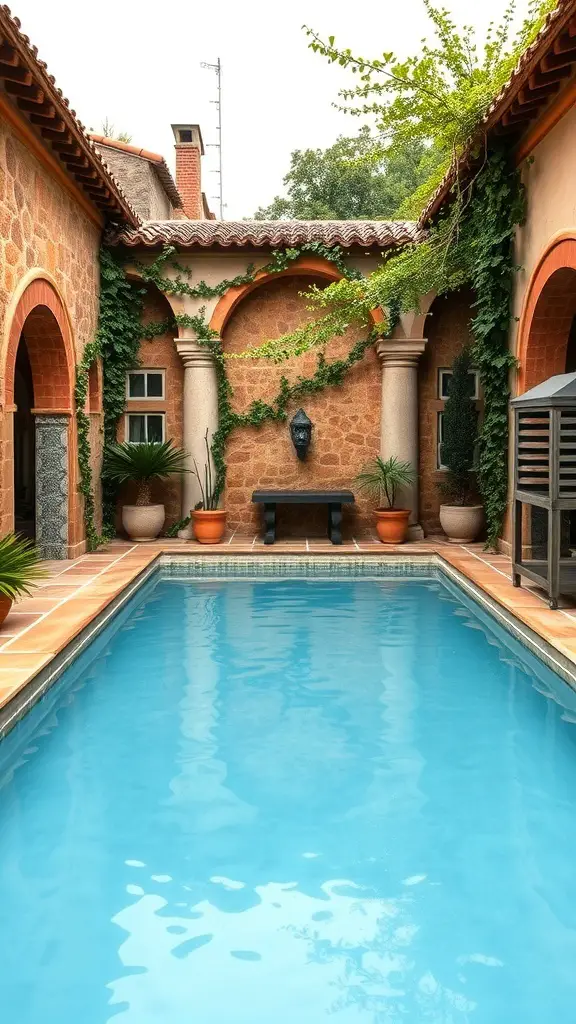 23+ Stunning Spanish Style Pool Designs to Inspire Your Backyard Oasis 2 A rustic stone wall surrounding a serene pool area with greenery and architectural details.