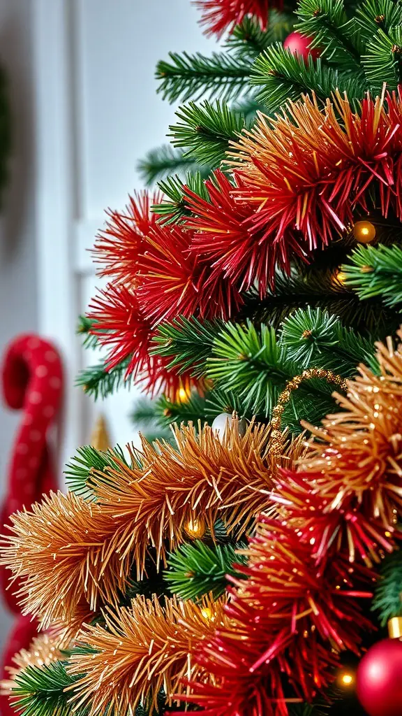 A close-up of a Christmas tree decorated with red and gold tinsel and garland.