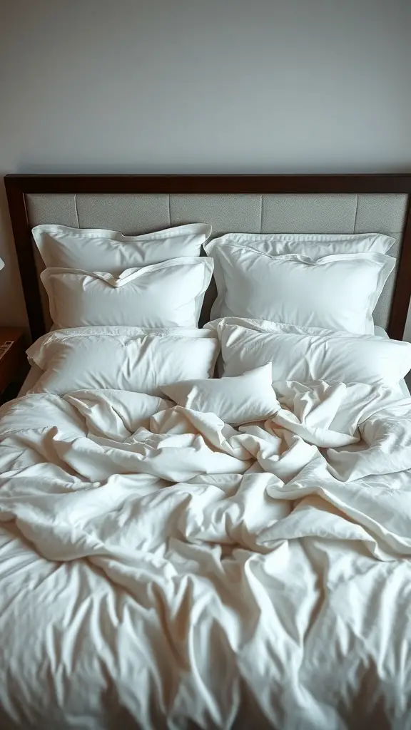 A neatly layered king bed with white bedding and multiple pillows.