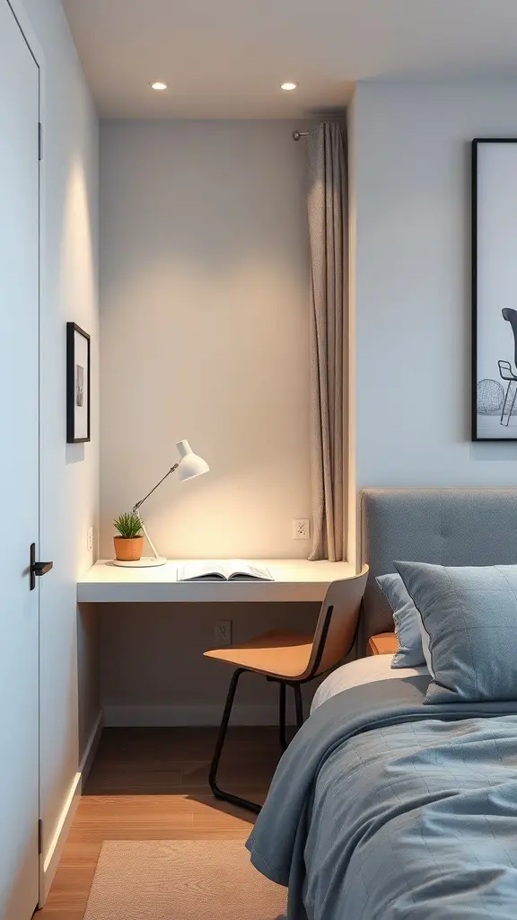 31+ Genius Narrow Bedroom Ideas to Maximize Space 14 A narrow bedroom featuring a wall-mounted desk with a chair and a plant.