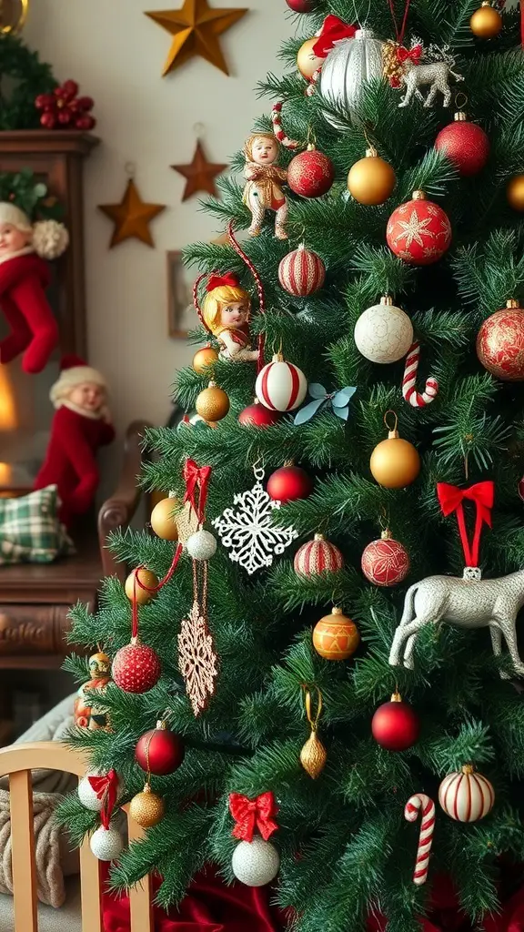 A beautifully decorated Christmas tree with vintage ornaments and family heirlooms.