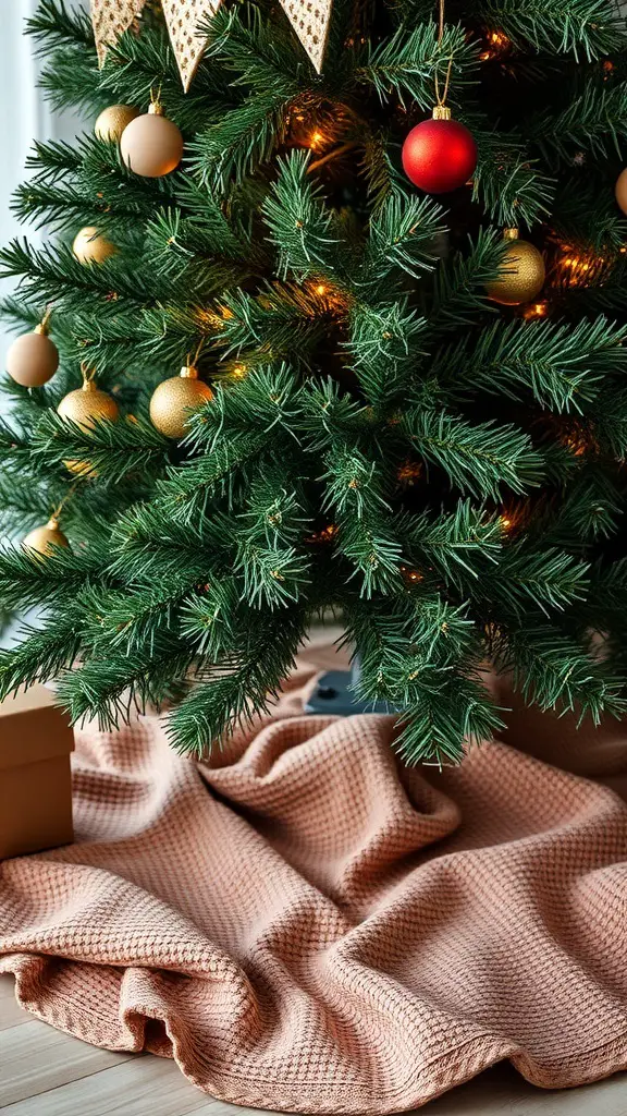 A beautifully decorated Christmas tree with a textured brown and white tree skirt.