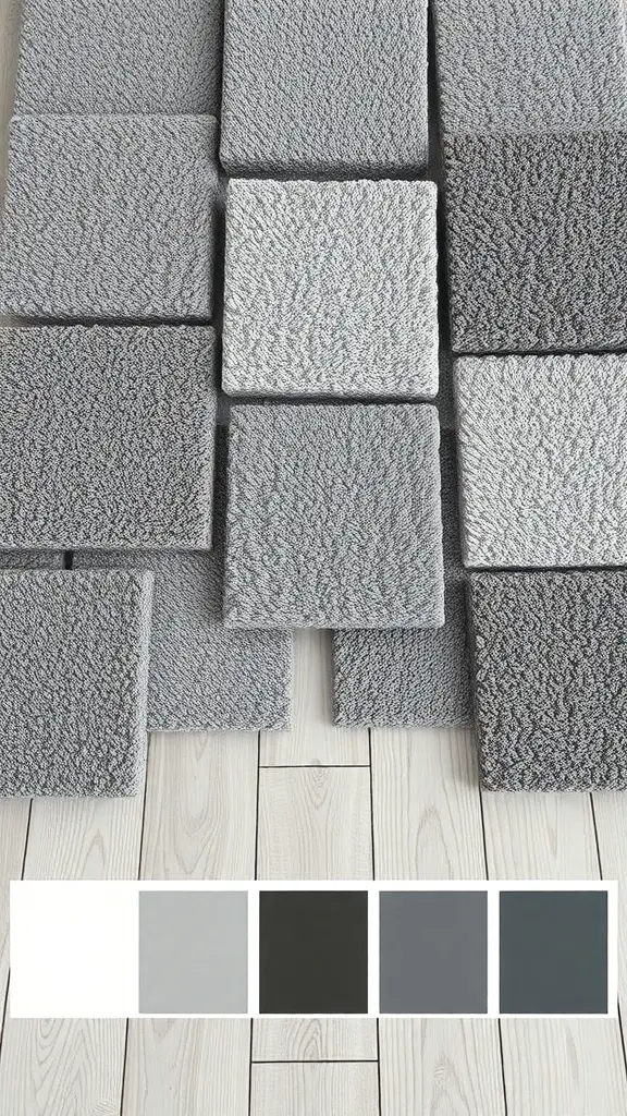 23+ Stylish Grey Carpet Bedroom Ideas for a Cozy Retreat 5 Various grey carpet samples arranged in a pattern on a light wooden floor.