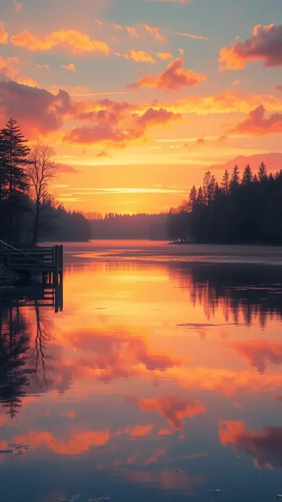29+ Stunning Landscape Paintings You Need to See 7 A serene lakeside view at sunset with vibrant orange and pink skies reflecting on the water.