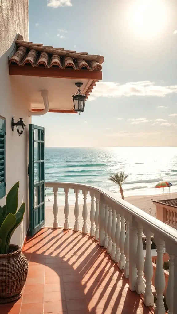 25+ Stunning Spanish Beach House Designs You’ll Love 2 A beautiful balcony overlooking the ocean with palm trees and beach umbrellas in the distance.