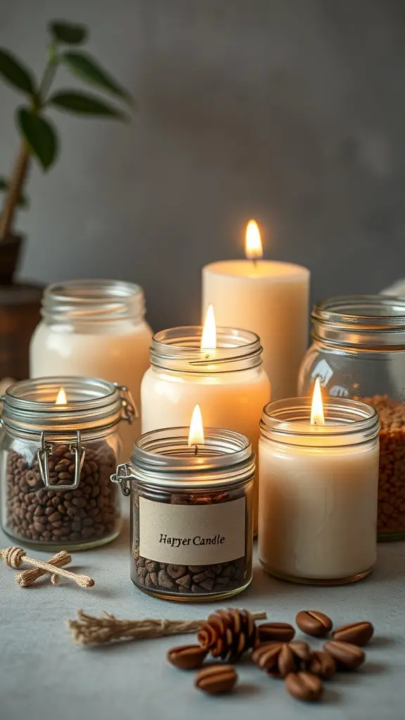 23+ Thoughtful Homemade Gift Ideas for Your Boyfriend 7 A collection of scented candles in jars, some filled with coffee beans, showcasing a cozy atmosphere.